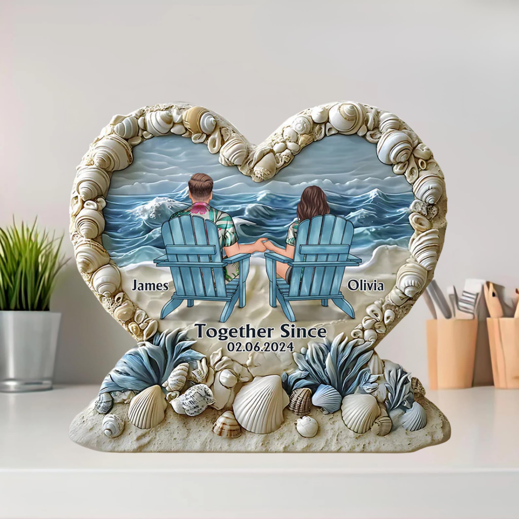 Flat design with 3D visual effect on beach couple scene