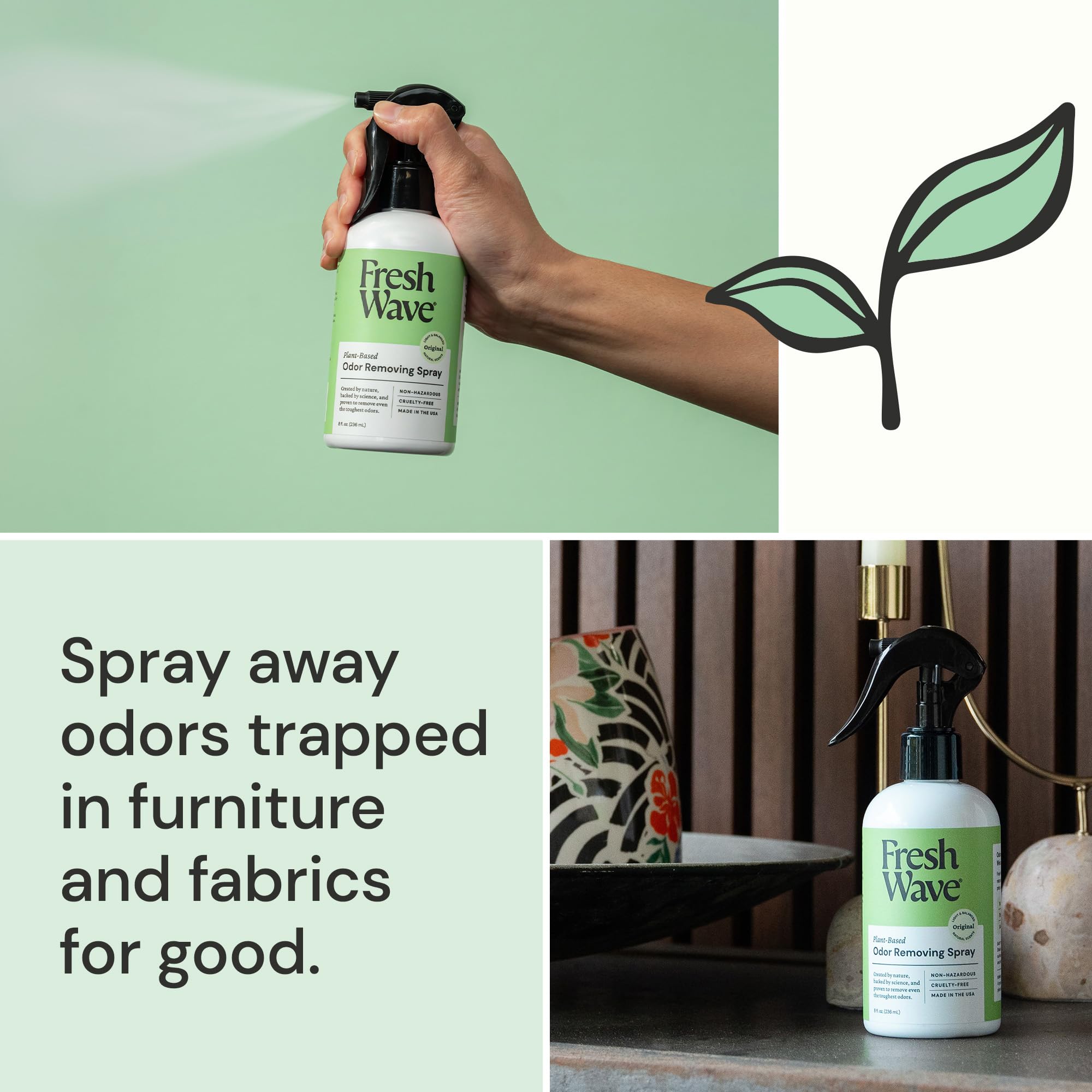 Odor absorber for home furniture fabrics trash Fresh Wave spray