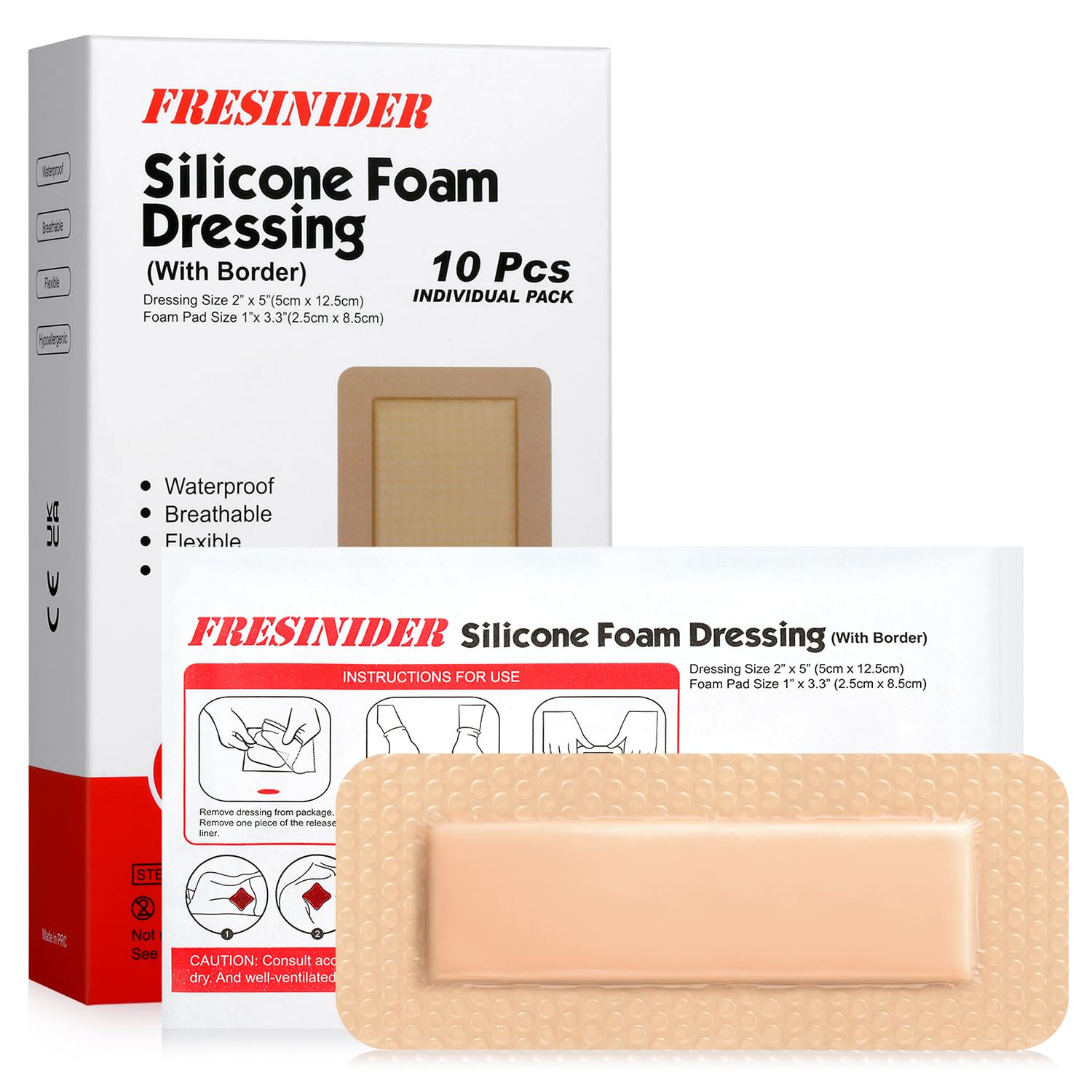 FRESINIDER 2x5 silicone foam wound dressing with border