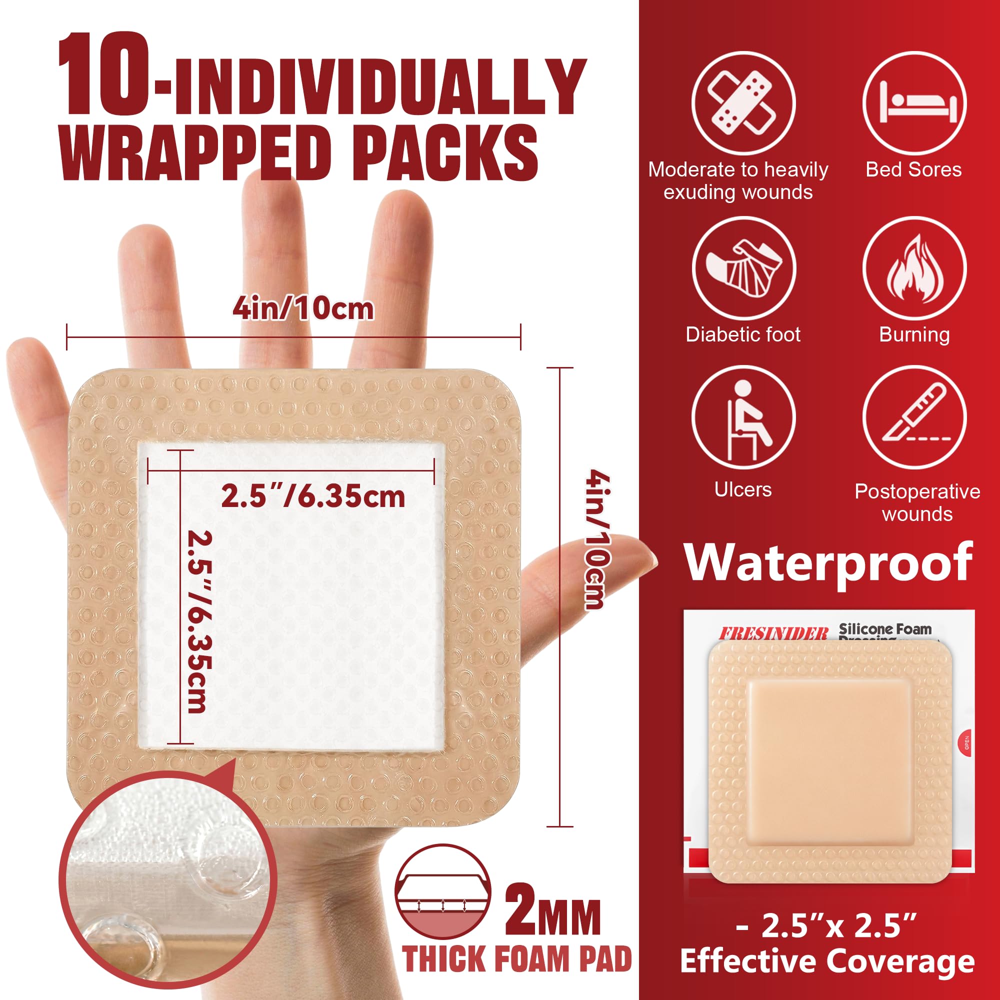 Silicone foam dressing adhesive border wound care bandage 4x4 inch
