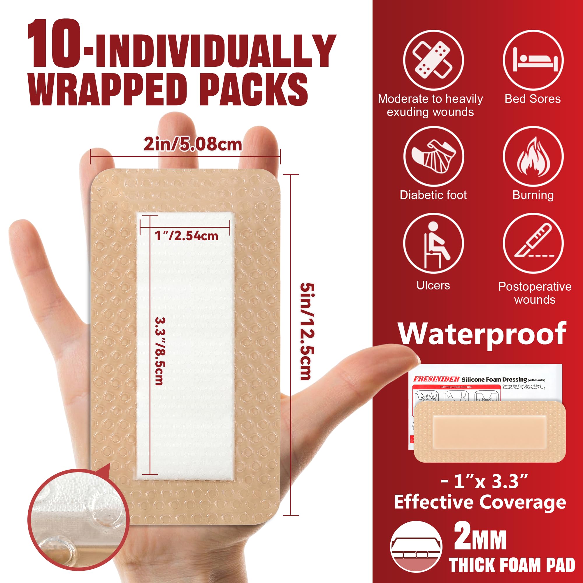 Pack of 10 silicone foam wound dressings 2x5
