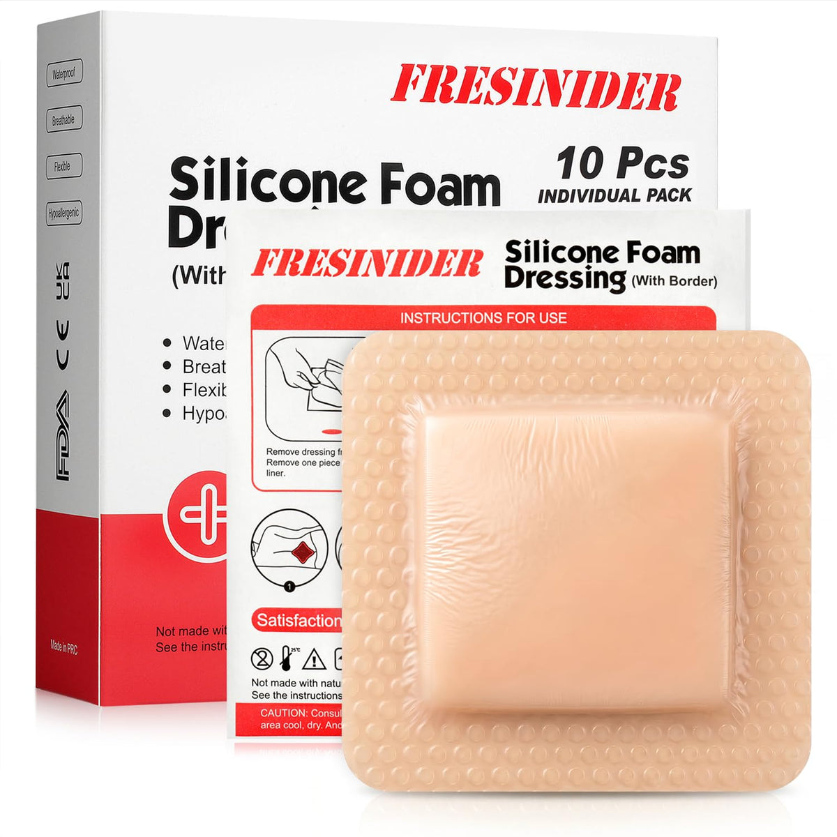 FRESINIDER silicone foam dressing with adhesive border 4x4 inch pack of 10