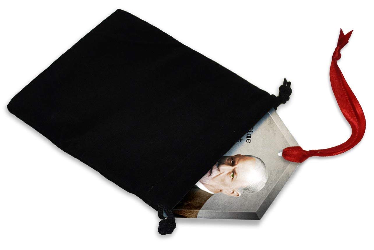 Red ribbon included and black velvet gift bag for storage