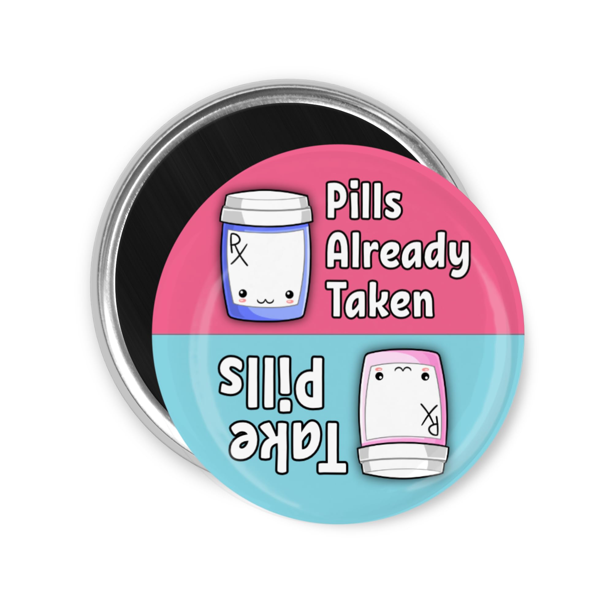 Fridge magnet for medication reminder in pink and blue