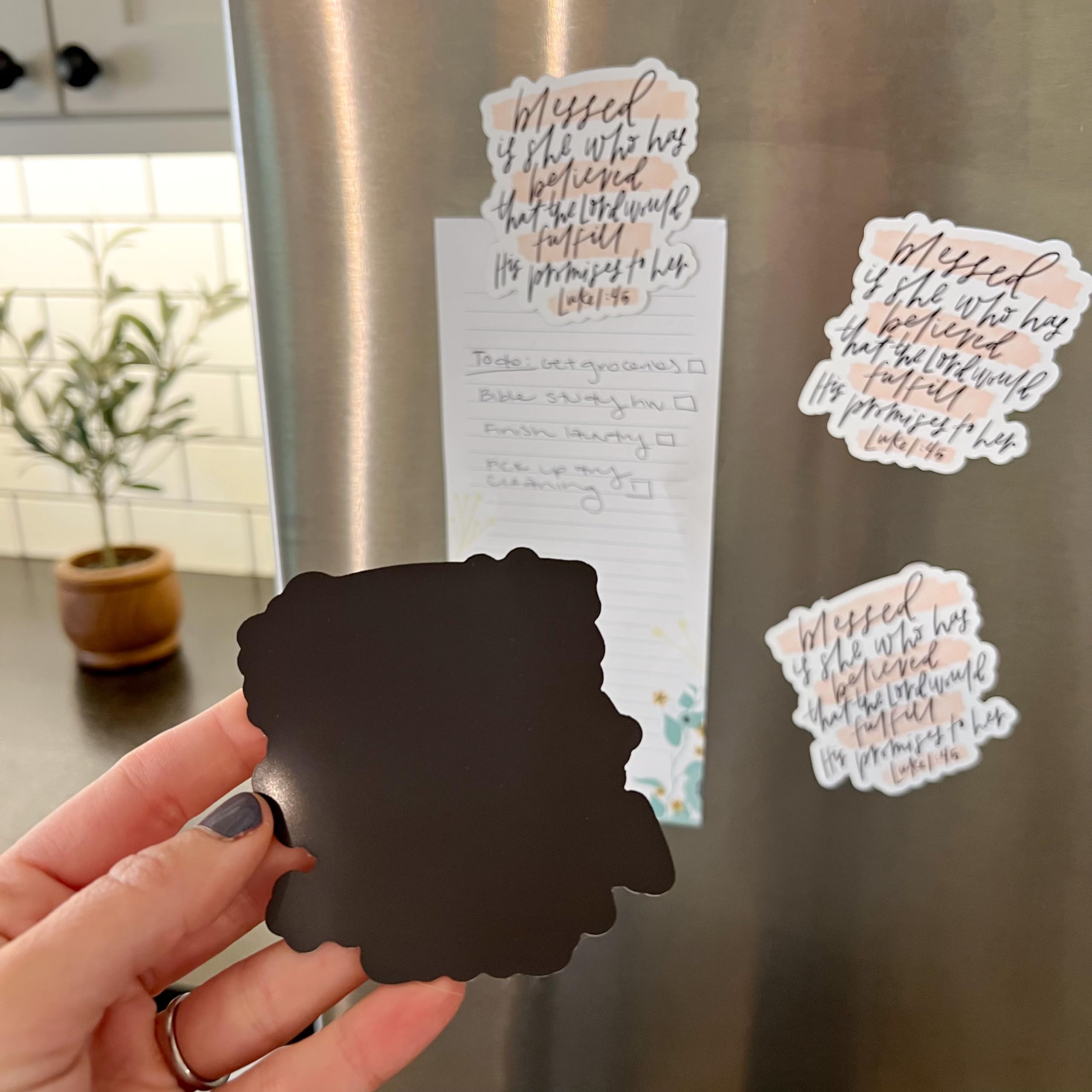 Bible verse magnet Blessed is she on refrigerator