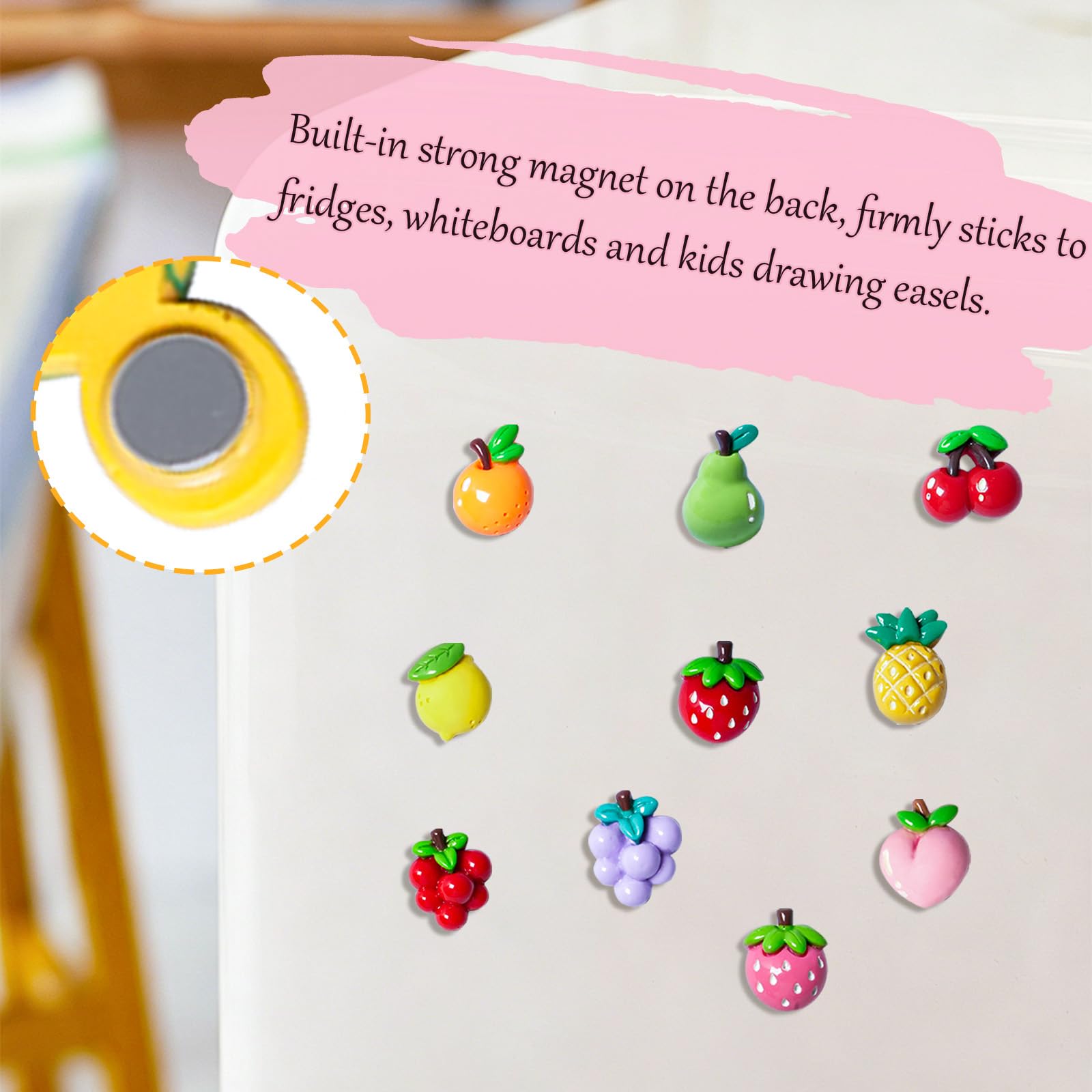 Compact mini fruit magnets for kitchen lockers and boards