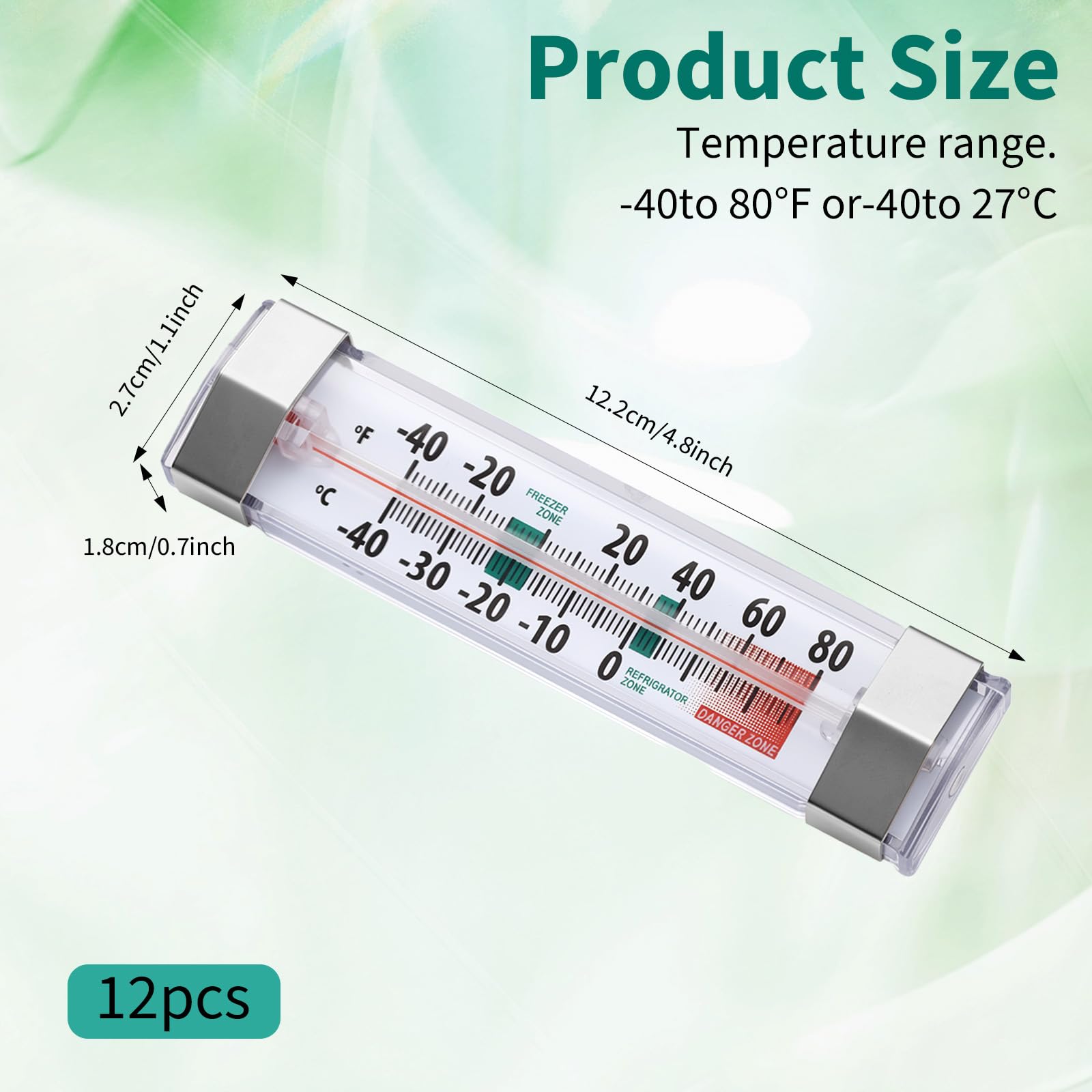 Glass thermometer for fridge with magnified reading lens