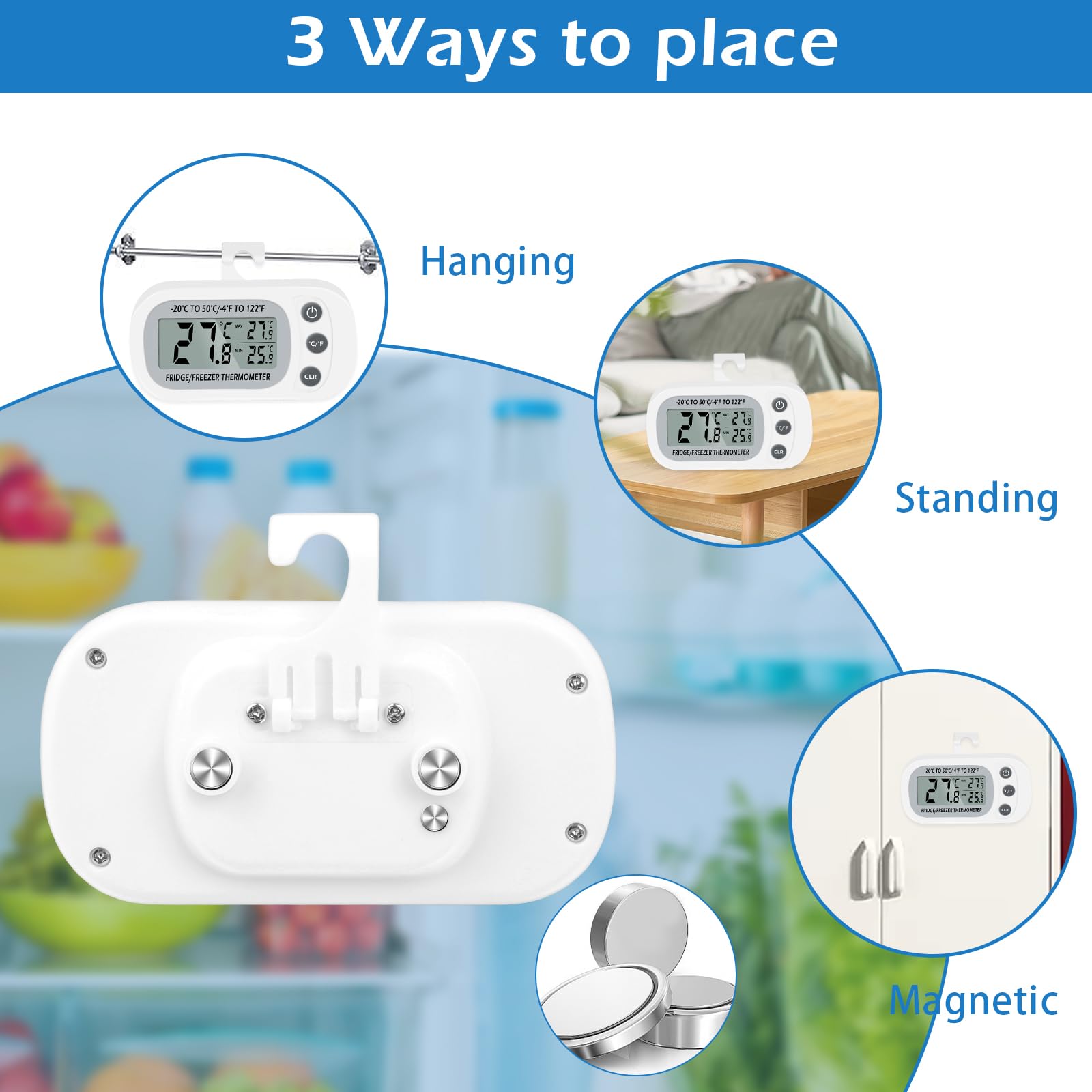 Fridge thermometer with foldable stand and hanging hook