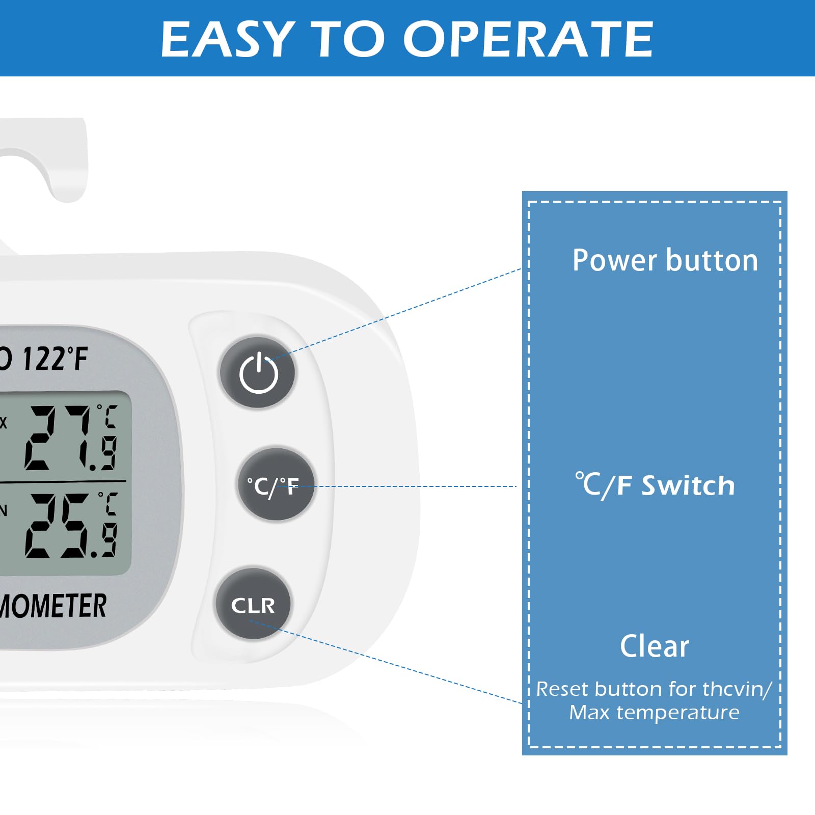 Fridge thermometer with magnetic back for placement