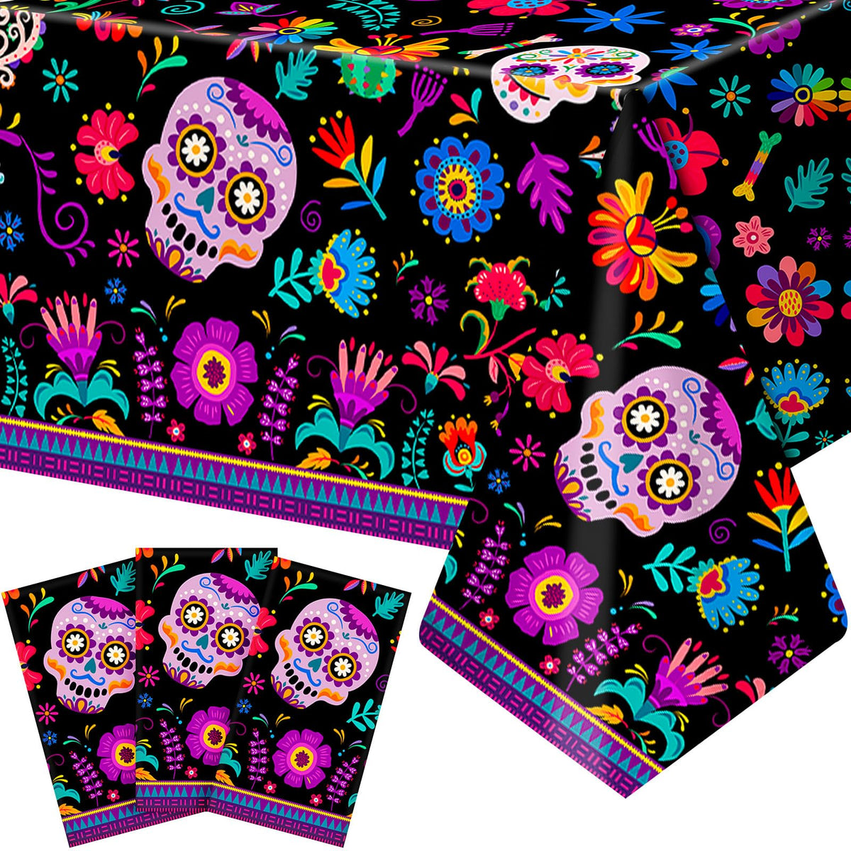 Frienda three piece Dia De Los Muertos tablecloth set 108x54 inches