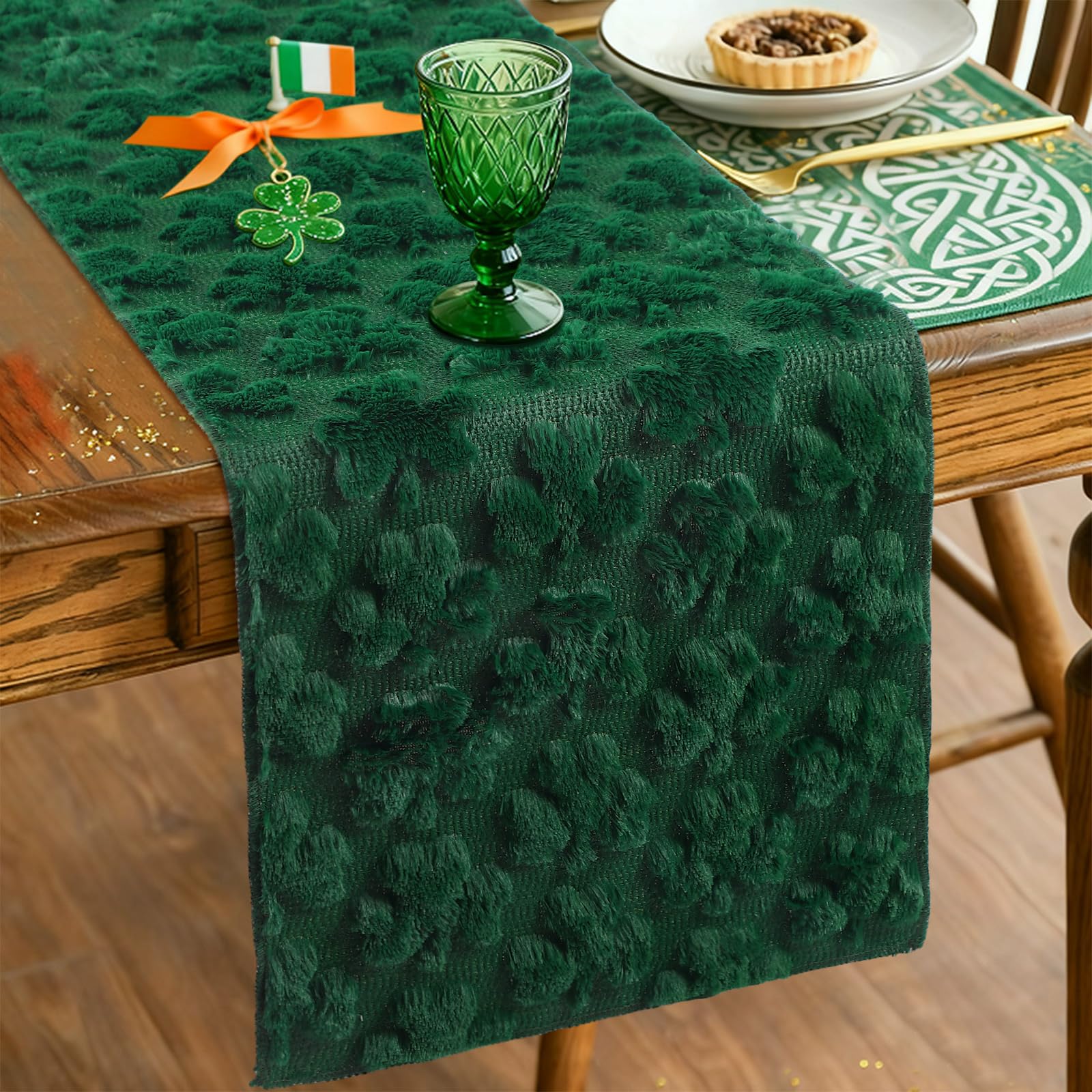 Frienda St Patrick's Day table runner green plush fabric 13x70 inches