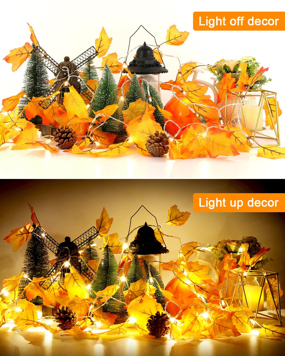 Indoor and outdoor fall garland with warm LED maple leaves