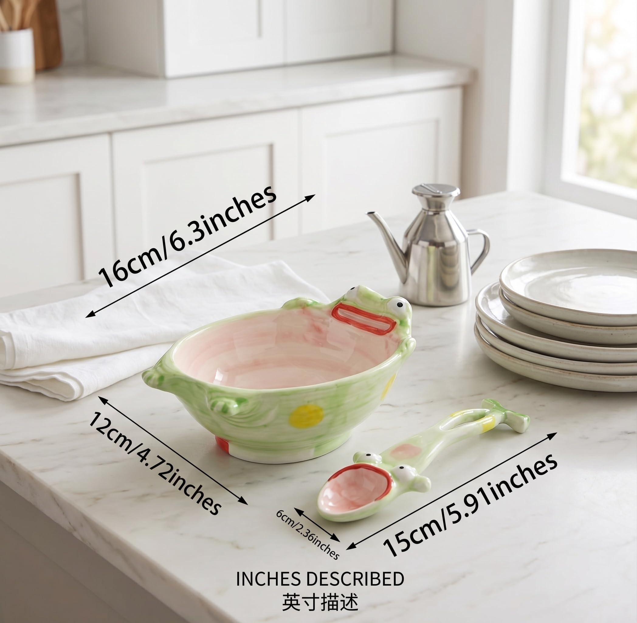 Matching ceramic frog spoon with bowl