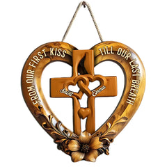 Heart shaped wooden sign with cross for Christian couples