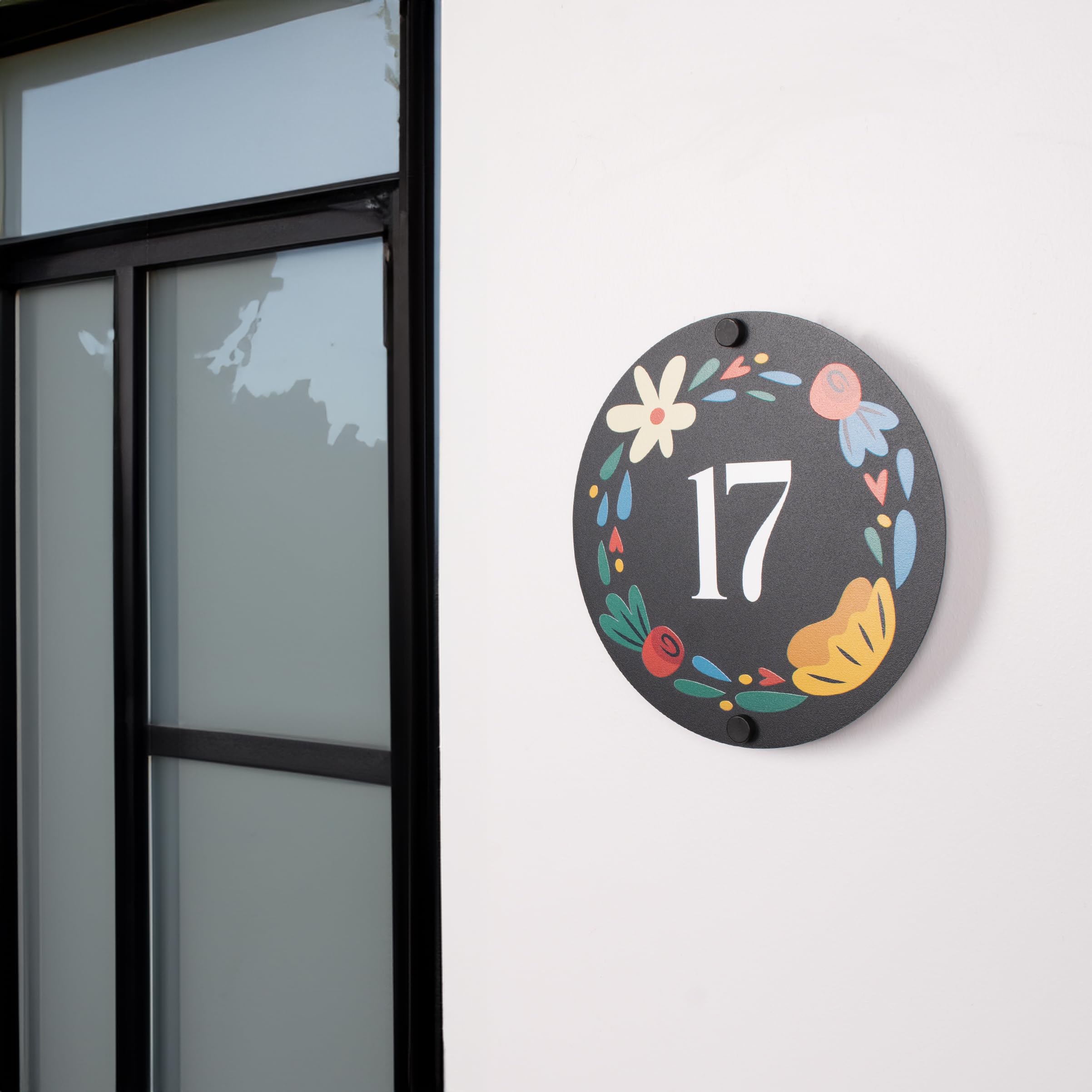 Front door patio or interior wall display address sign in black plate
