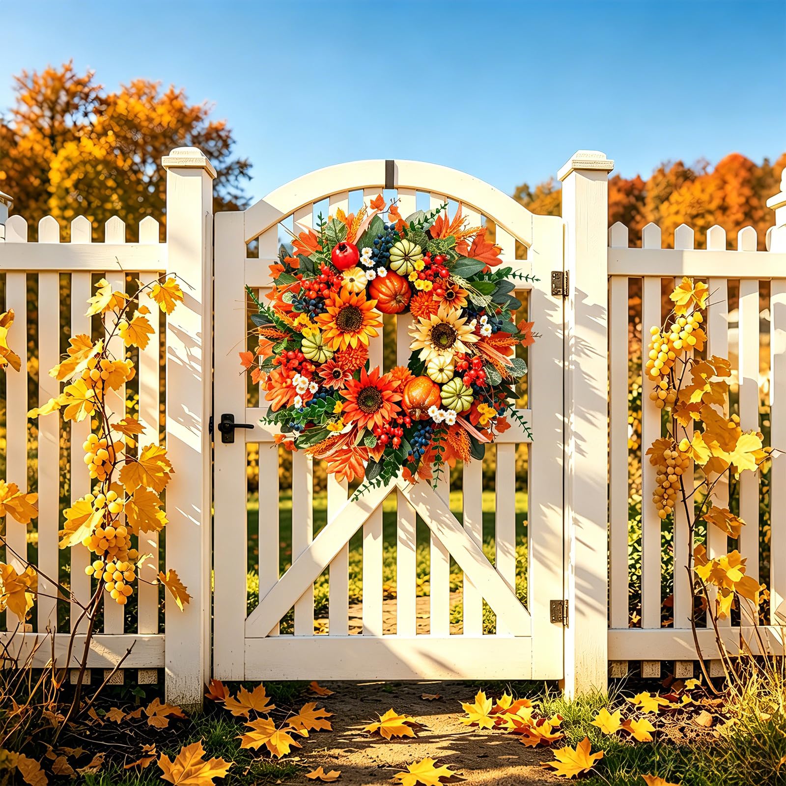 Close up of sunflowers and small blooms in autumn wreath