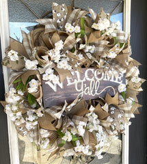 Burlap mesh puffs and ruffles add texture to wreath