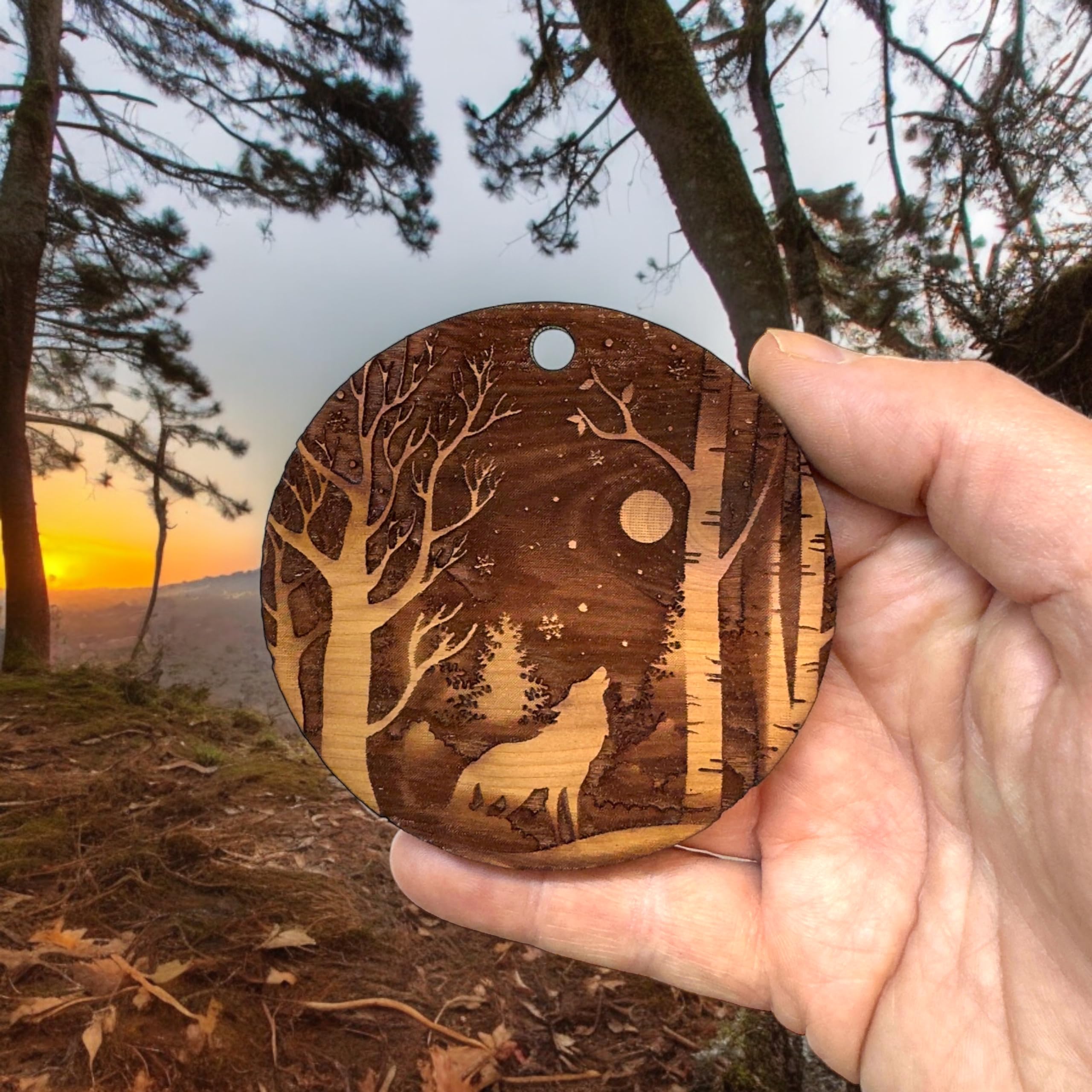 Front side sanded cedar ornament Winter Wolf design