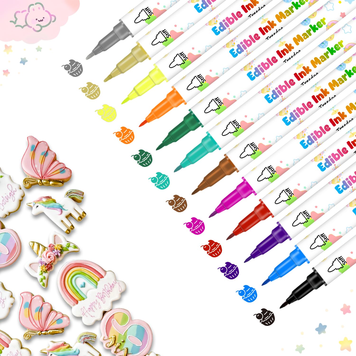 Frosting and freehand drawing edible markers for desserts