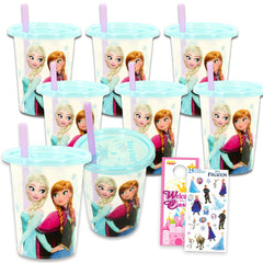 Frozen 10 oz reusable cups set with lids and straws featuring Anna and Elsa artwork