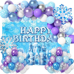 Frozen birthday party decorations with balloons and backdrop