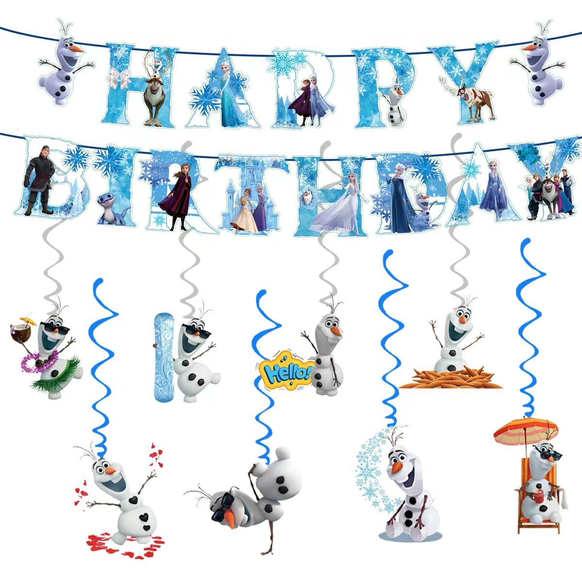 Frozen theme birthday banner with six vortex pendants