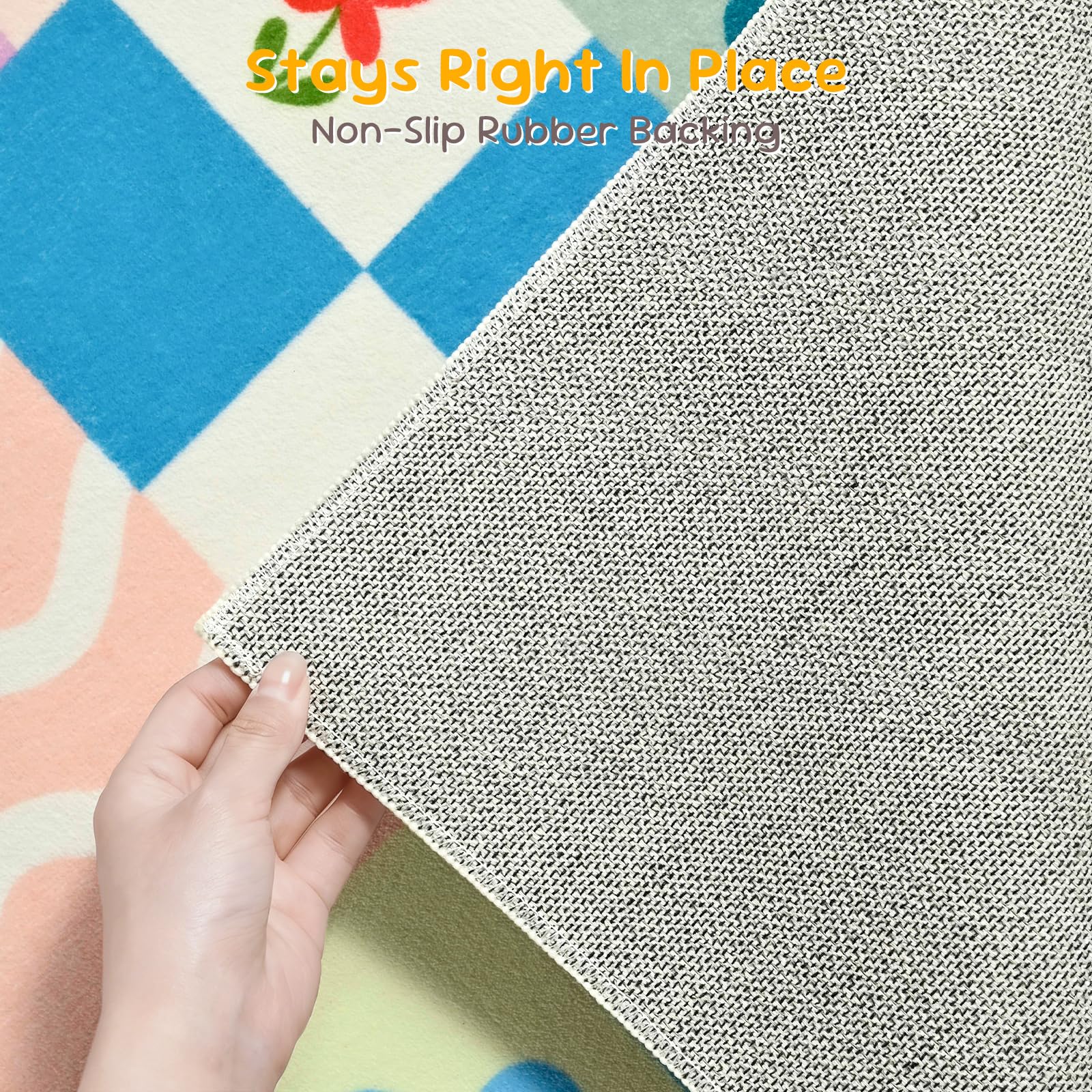 Colorful low-pile rug with stain-resistant surface for living areas