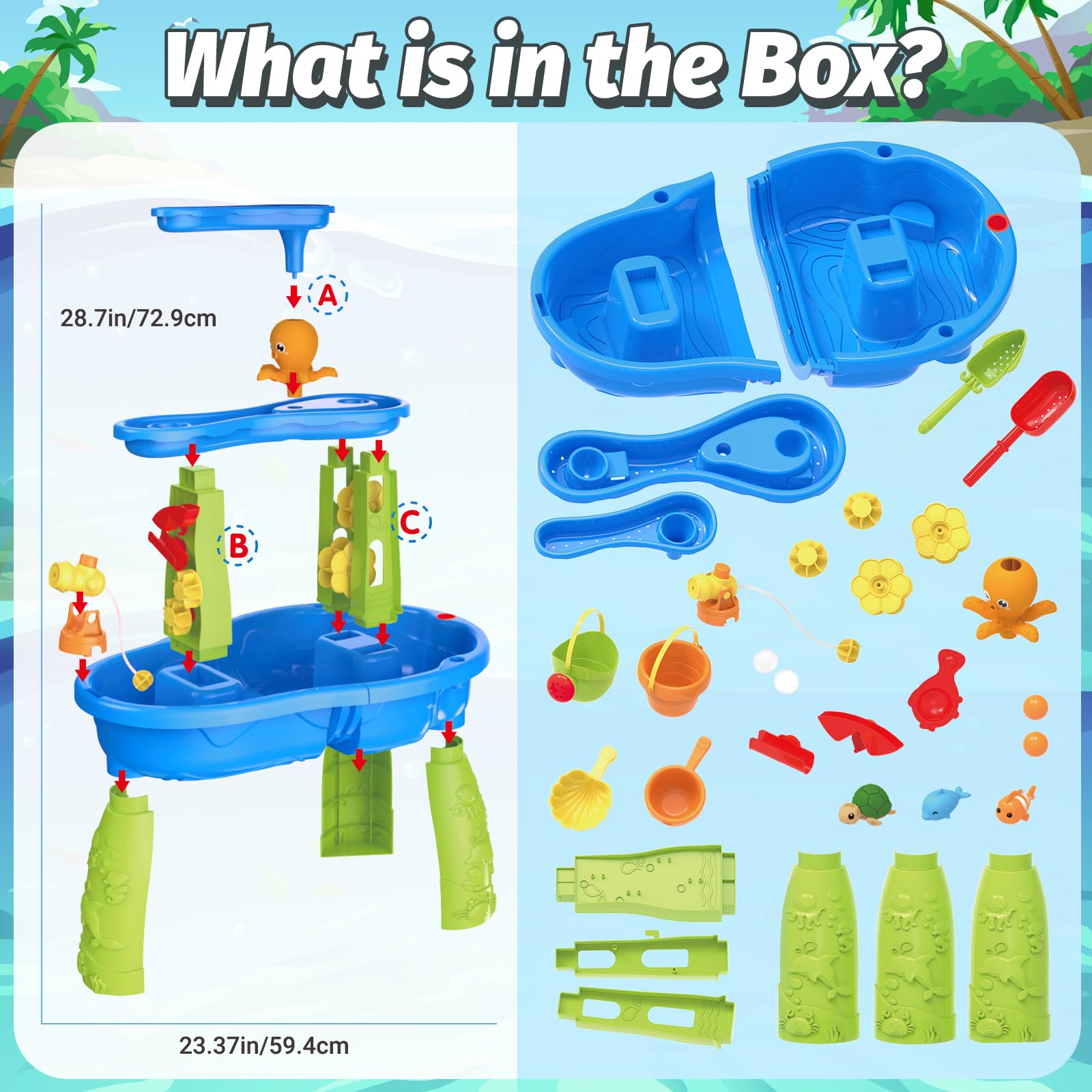 Side launcher and water toys for FRUSE table in outdoor setting