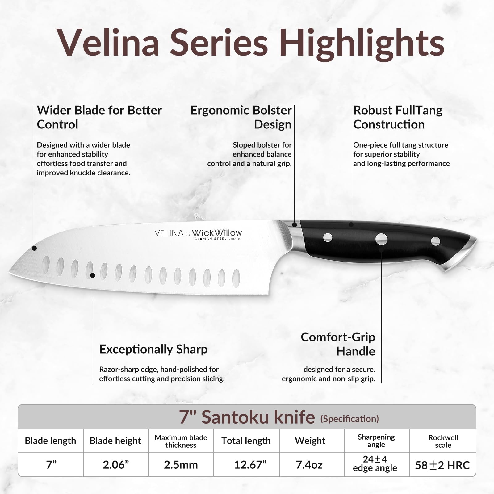 Full tang ergonomic handle Santoku Knife Velina Series