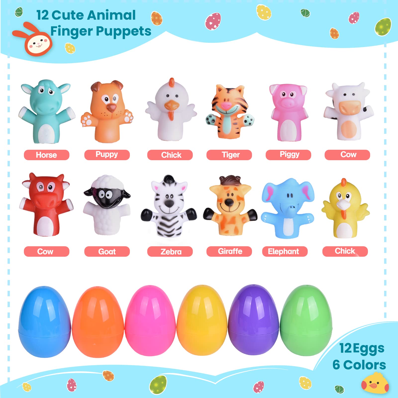 Brightly colored plastic Easter eggs containing finger puppets inside
