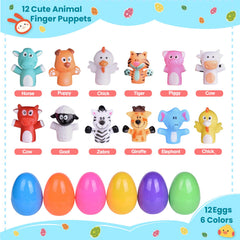Brightly colored plastic Easter eggs containing finger puppets inside