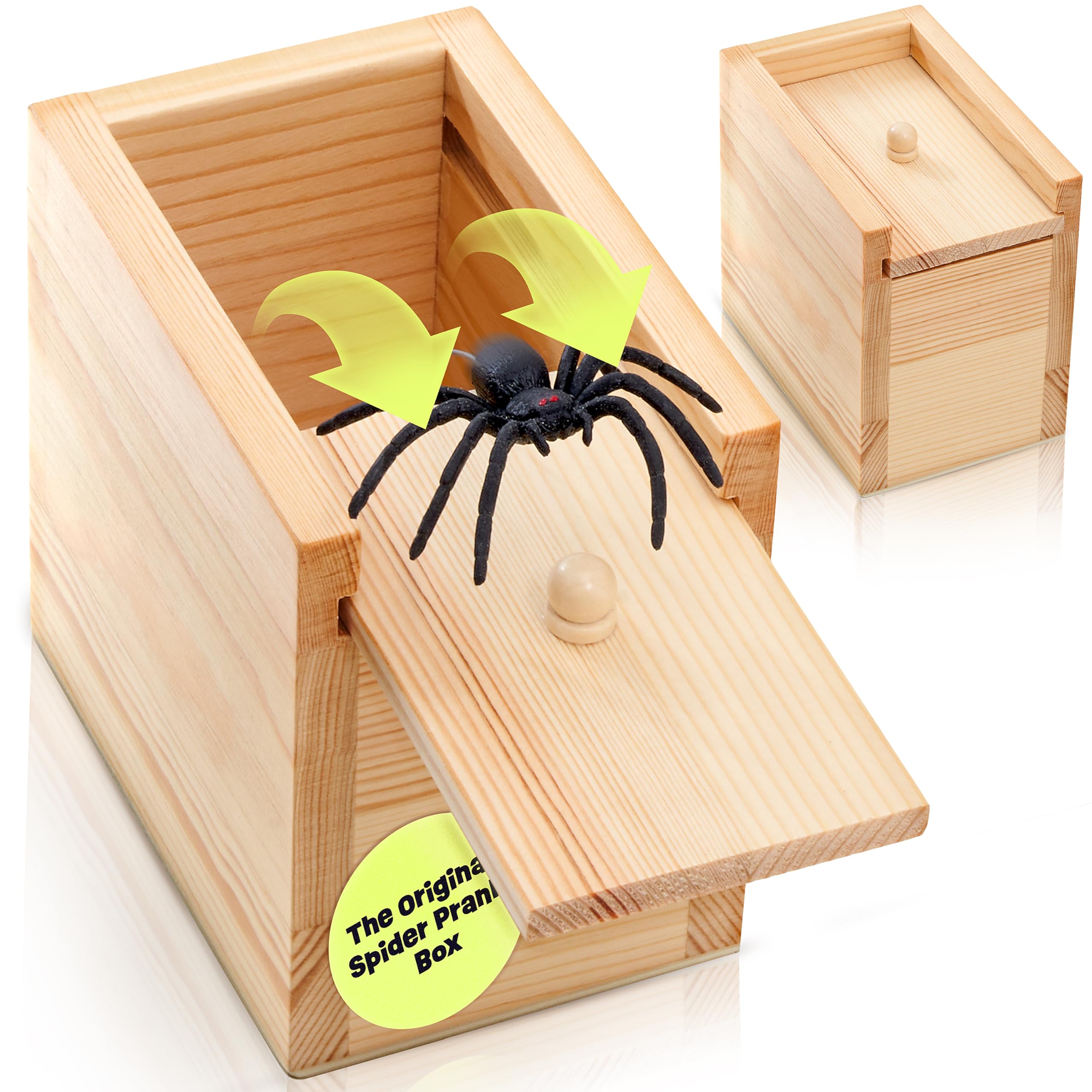 FunFamz Original Spider Prank Box wooden craftsmanship close up