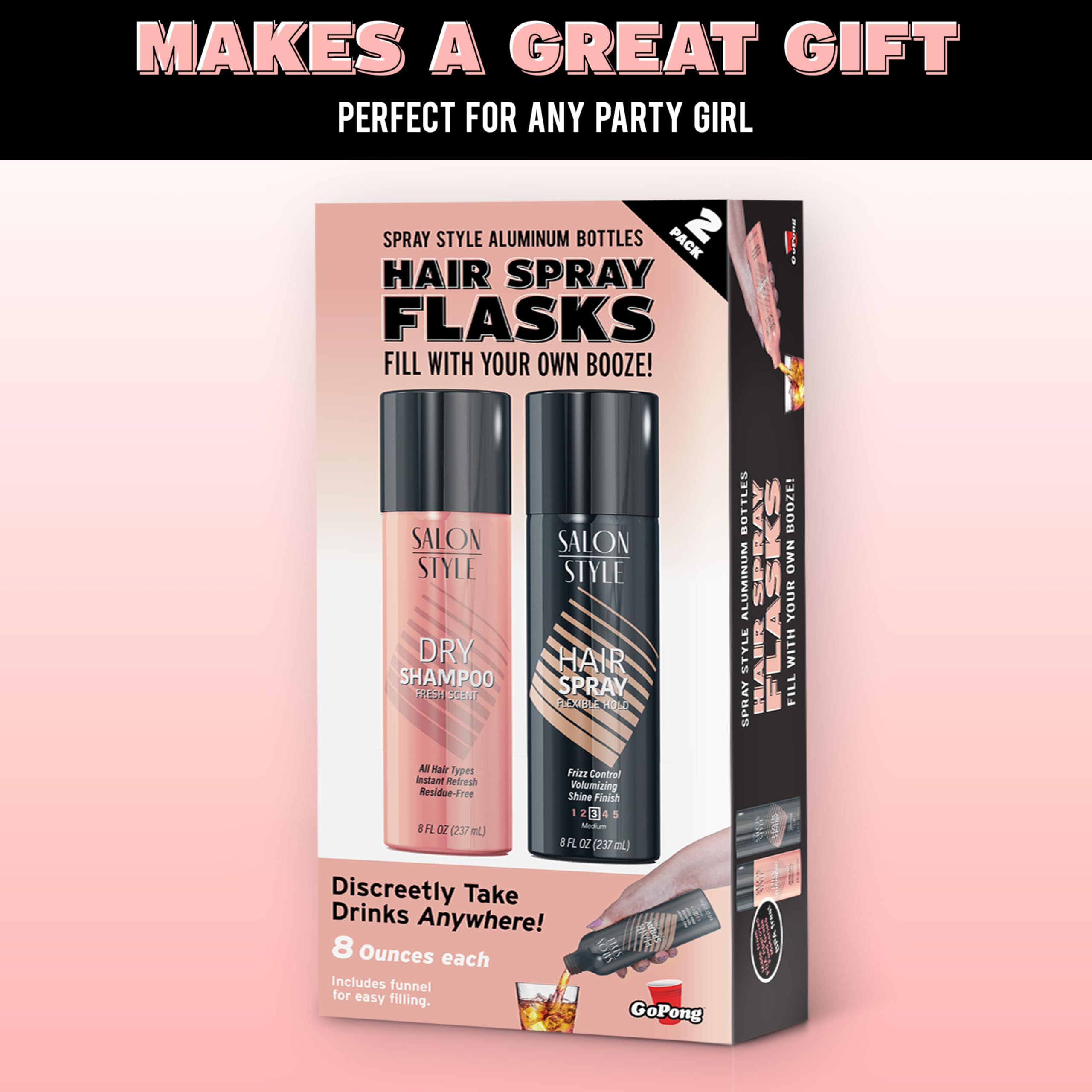GoPong 2 pack hair spray and dry shampoo flasks for events