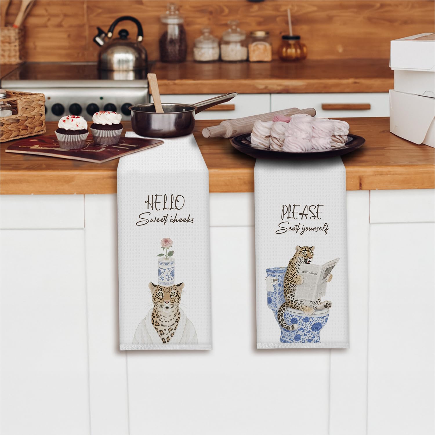 Funny Chinoiserie Cheetah Hand Towels decorative kitchen bath use