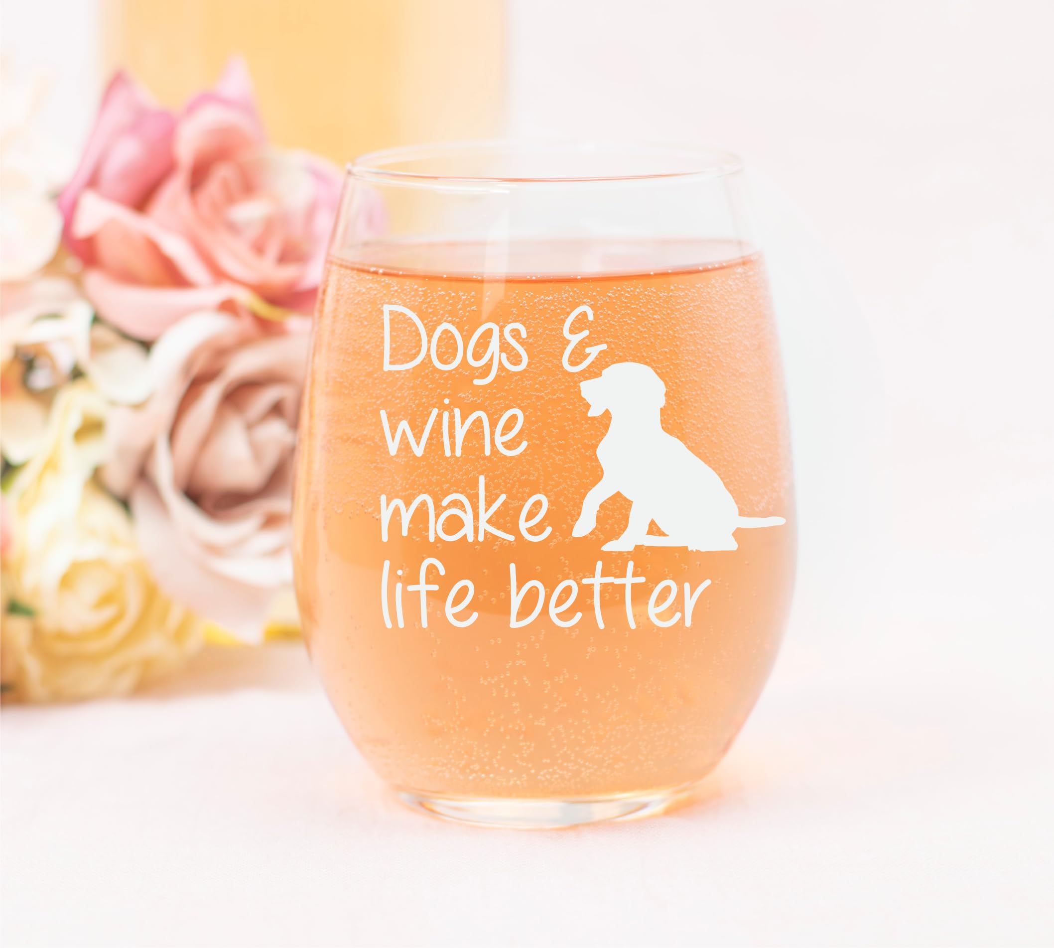 Dog lovers gift glass with Dogs and Wine Make Life Better message