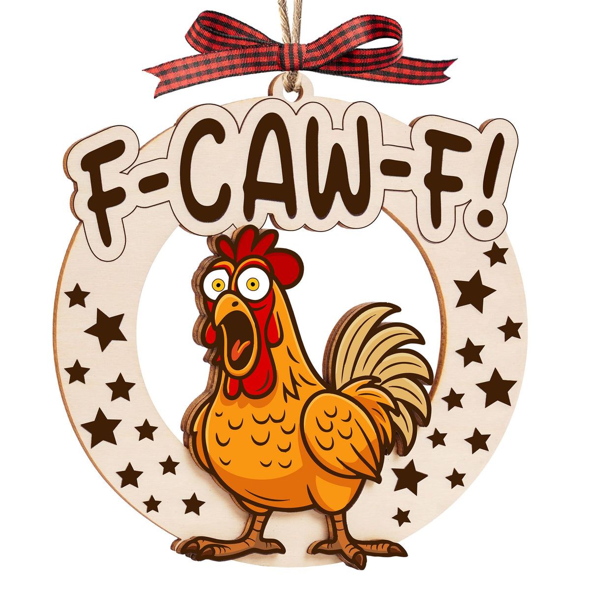 Funny F-Caw-F chicken Christmas ornament packaging