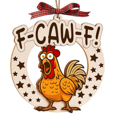 Funny F-Caw-F chicken Christmas ornament packaging