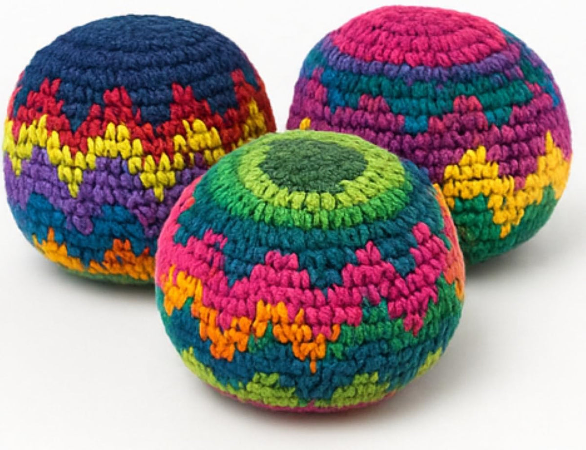 Funny Guy Mugs Footbag Set three handmade crochet footbags