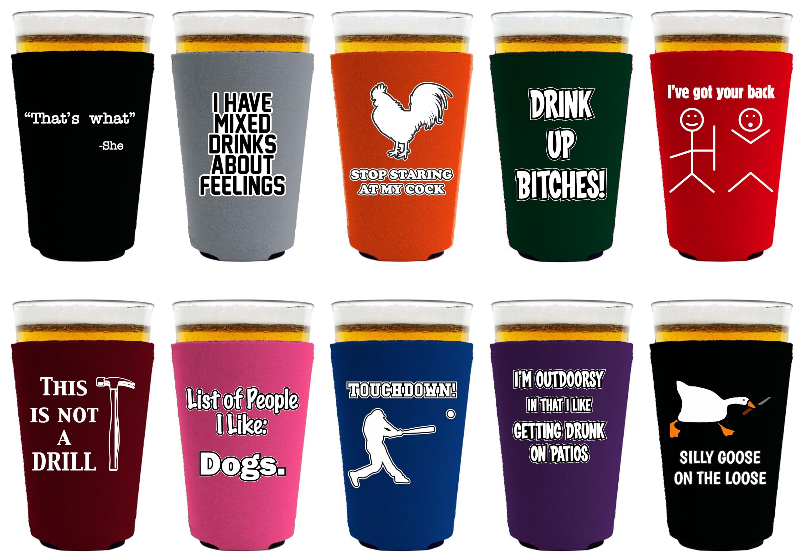 Funny Joke Pint Glass Coolie Designs 10 Pack neoprene koozie for 16 oz tapered pint glasses