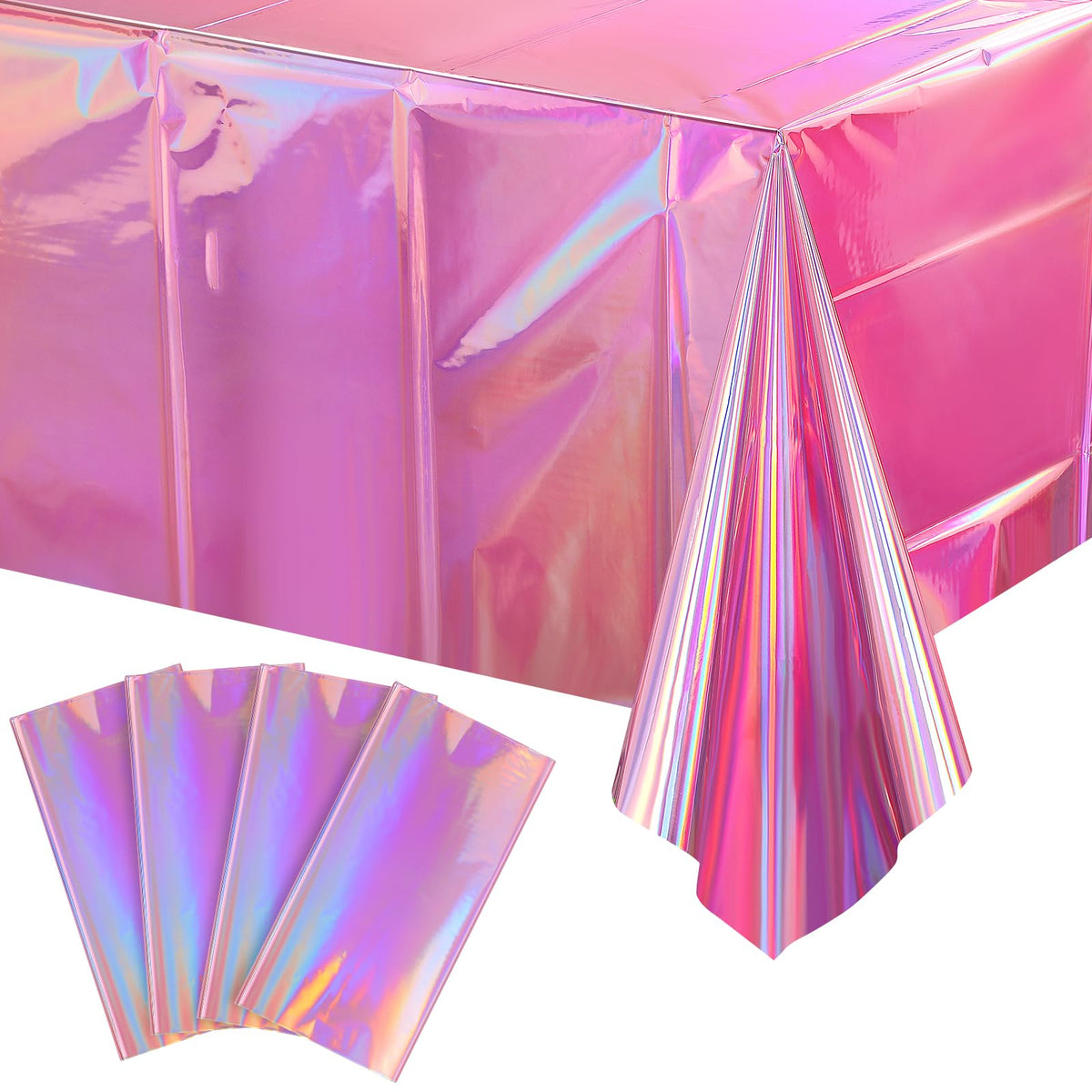 FunnyPars 4 pack iridescent pink plastic tablecloths laid flat