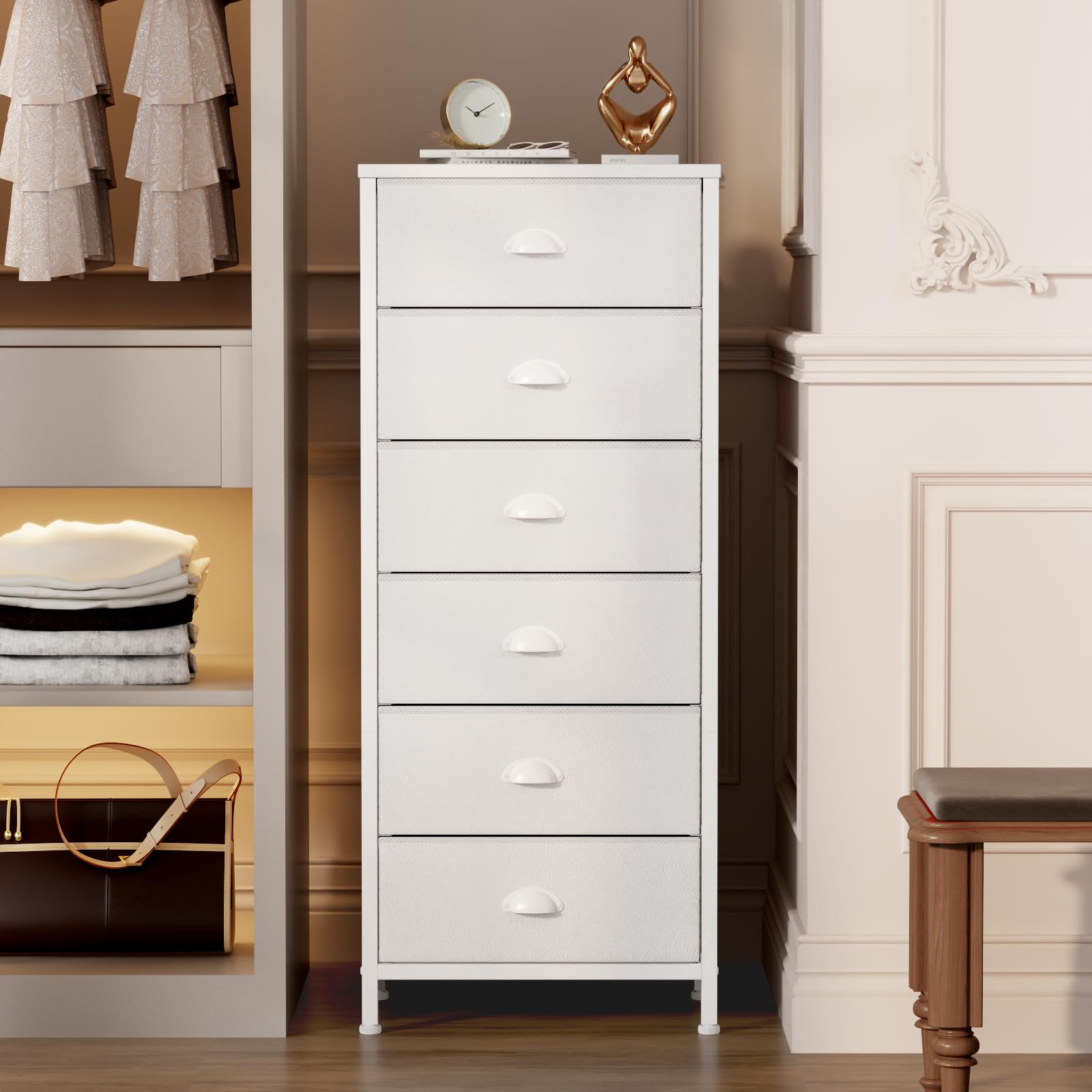 Furnulem six-drawer fabric dresser in bedroom setting