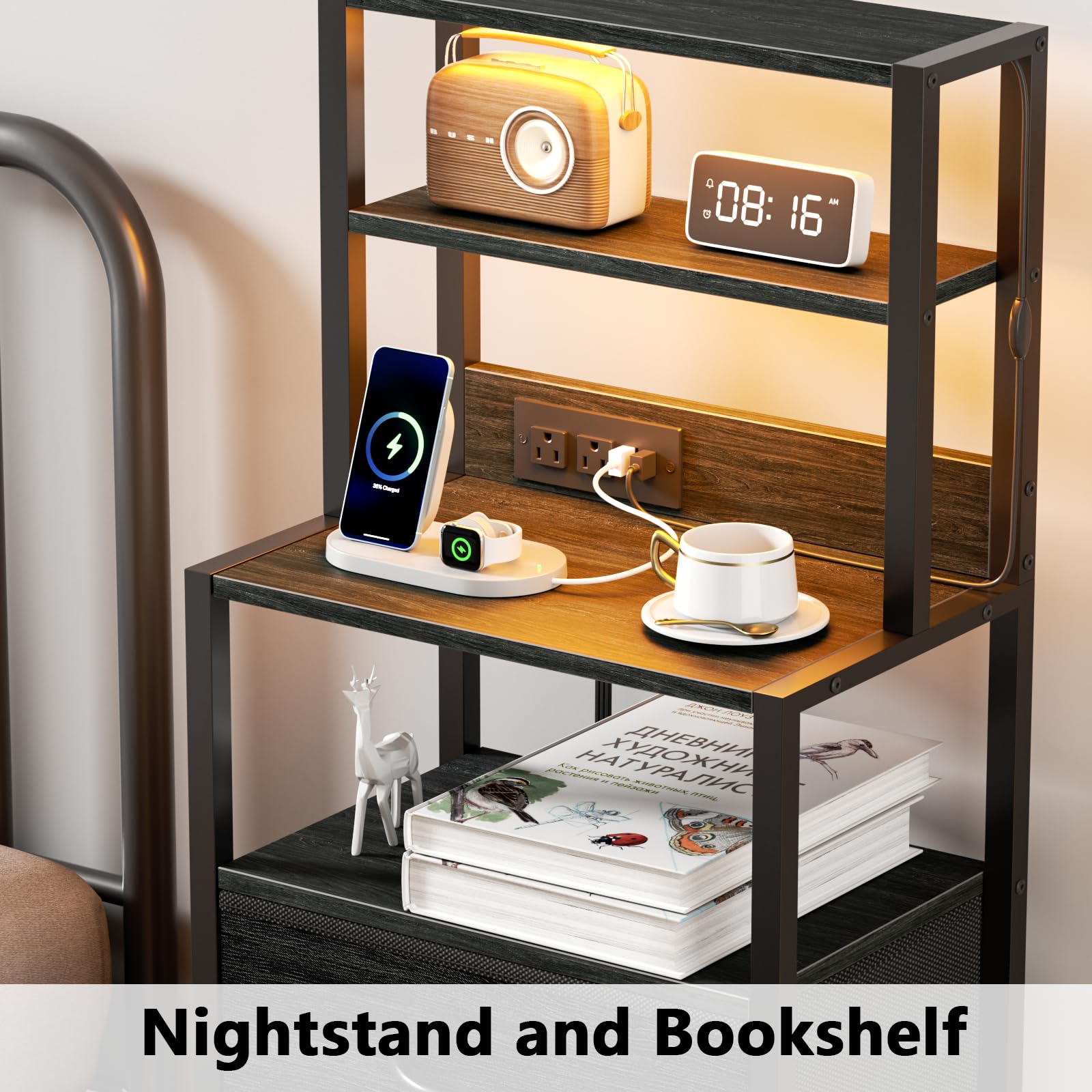 Furnulem bedside table in use with USB charging and power cord visible
