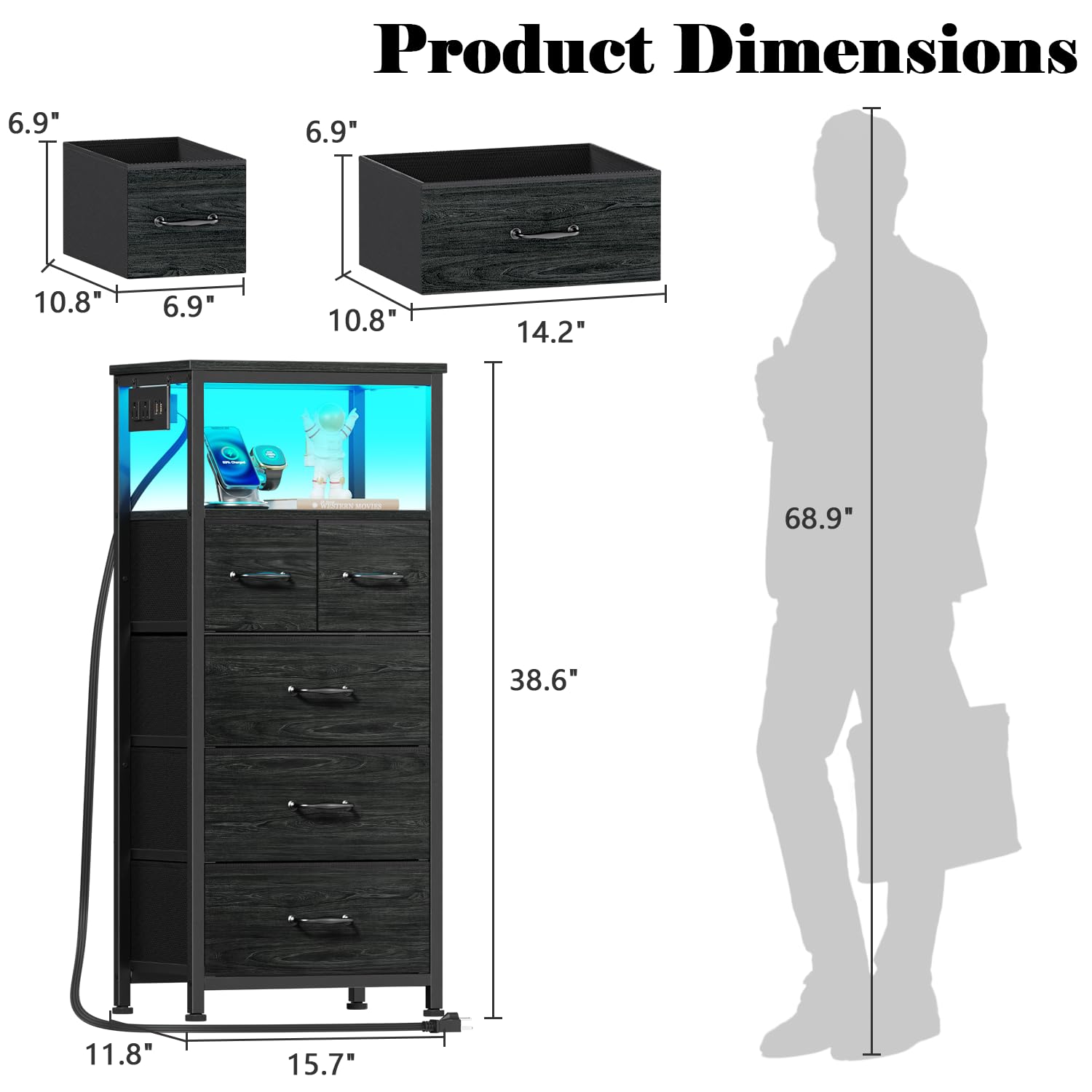 Furnulem Dresser 5 Drawer Black Oak front view