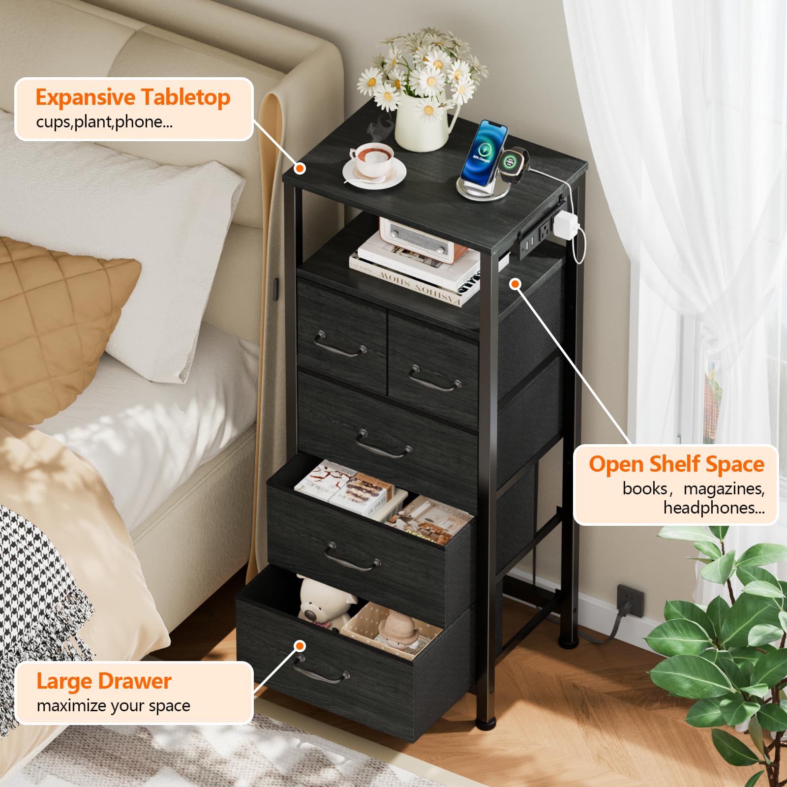 Fabric drawers and wood shelf on Furnulem Dresser
