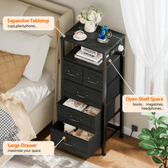 Fabric drawers and wood shelf on Furnulem Dresser
