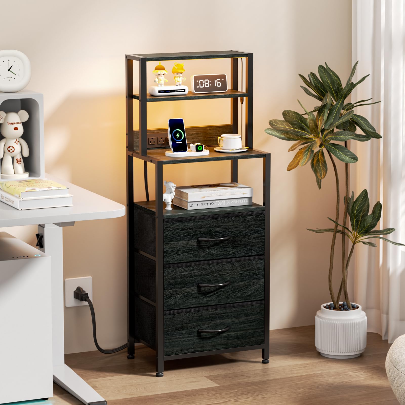 Furnulem nightstand close up with USB charging ports and power cord
