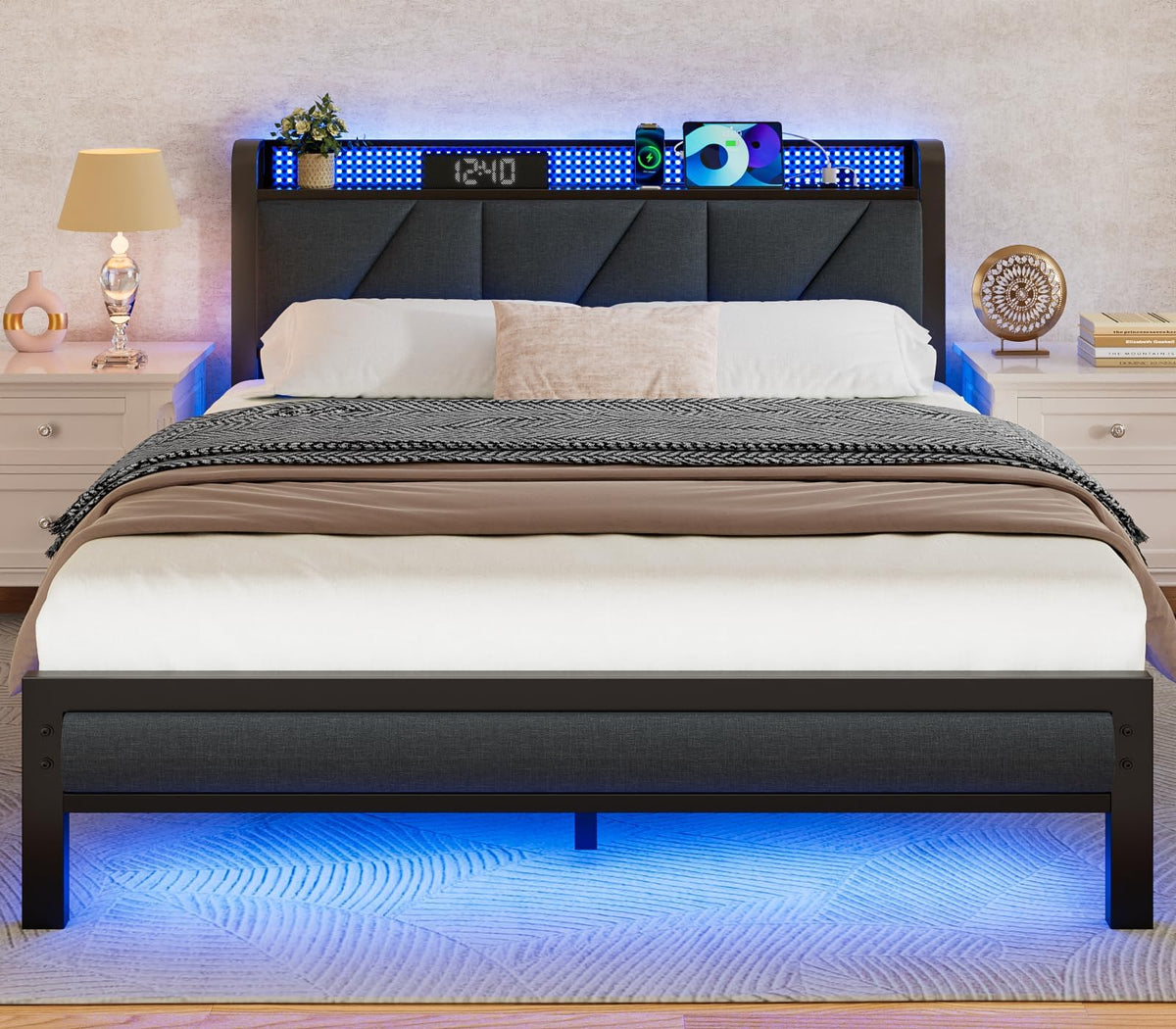 Furnulem queen bed frame with headboard and storage shelf front view