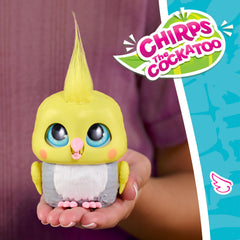 Chirps the Cockatoo features a yellow tuft hair and blue eyes