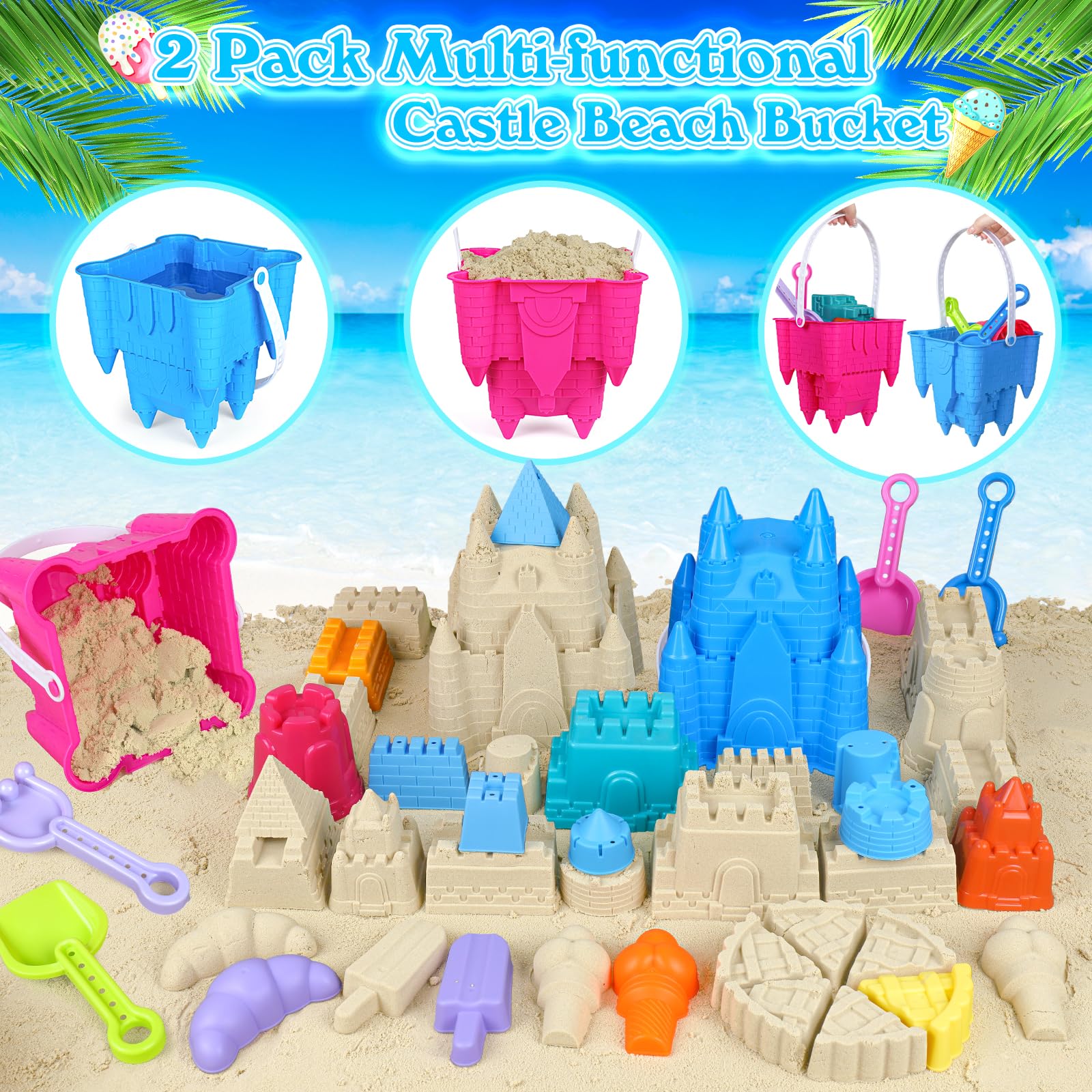 Castle buckets double as sand molds for imaginative play
