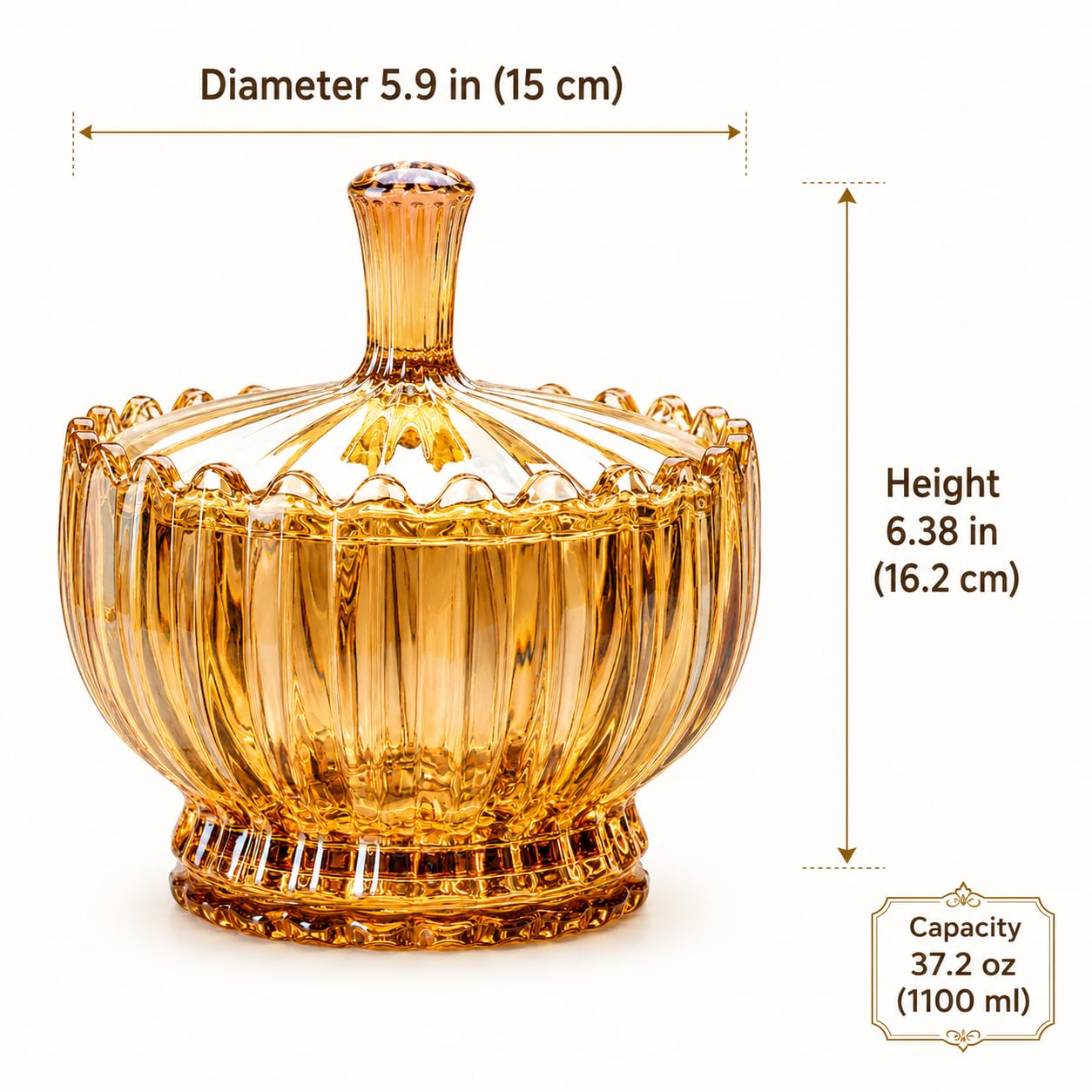 Amber glass candy dish with lid showing 1100ml capacity